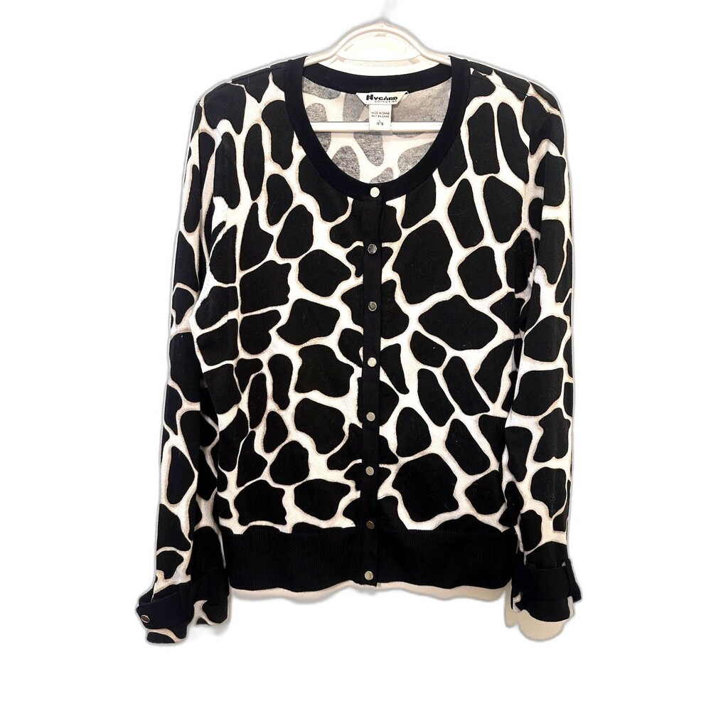 Nygard Collection Animal Print Cardigan Sweater Black White Snap L 14-16